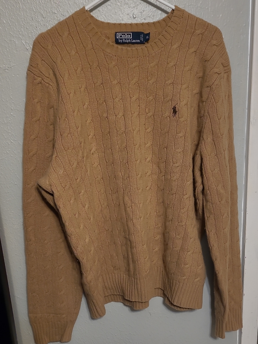 Polo by Ralph Lauren Men's Wool/ Angorra Crewneck Tan/Camel Cable Knit Sweater